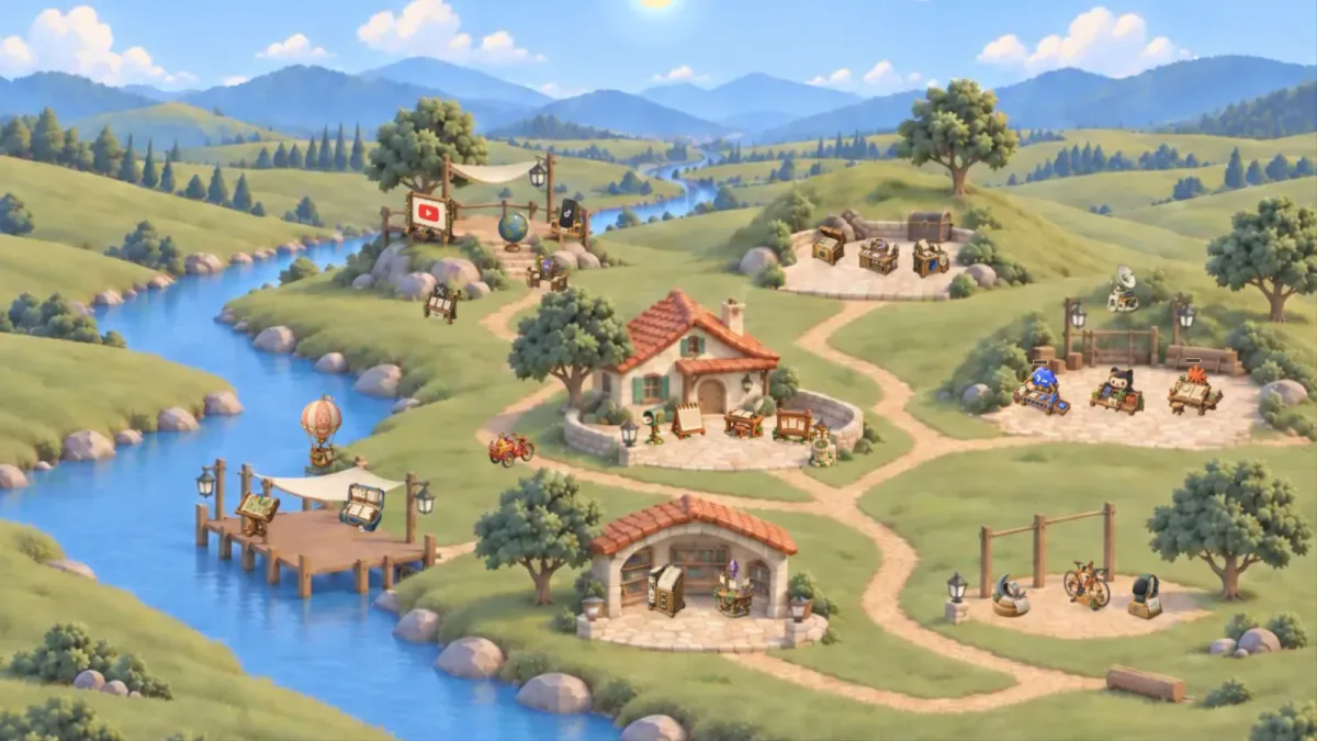 Worldlet’s illustrated world, with a village, paths, and a river